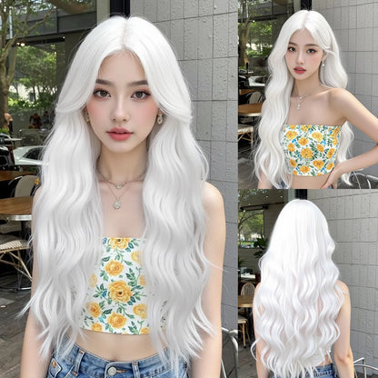 Super Long Curly Silver Synthetic Wig with Fluffy Bangs White Water Wave Hair Wigs for Women Daily Use Cosplay Colored Hair Wig SWLC3100-1PL28