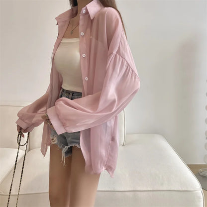 Semi Sheer Long Sleeve Shirt for Women Shimmer Button Down Collared Plain Lightweight Shirt Spring Summer Chic Tops Outfit