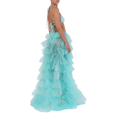 Puloru Tied-Up Mesh Tulle Long Skirts Elegant Party Wedding Wear for Women Solid Color Irregular Floor-Length Layered Skirts