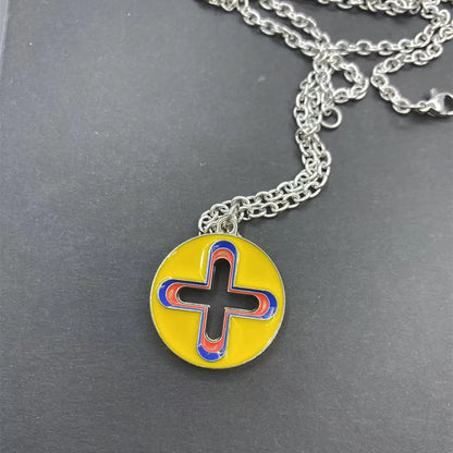 New Trendy Brand Cross Round Brand Dripping Oil Pendant Necklace Hip Hop Niche Design Personality Net Red Same Necklace yellow