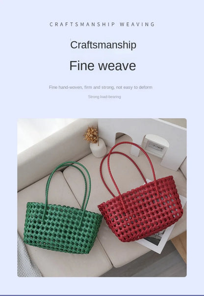 Plastic Hollow Weave Bag Countryside Style Bohemian Style Beach Tote Bag Large Capacity Bucket Bag Vegetable Basket Bag