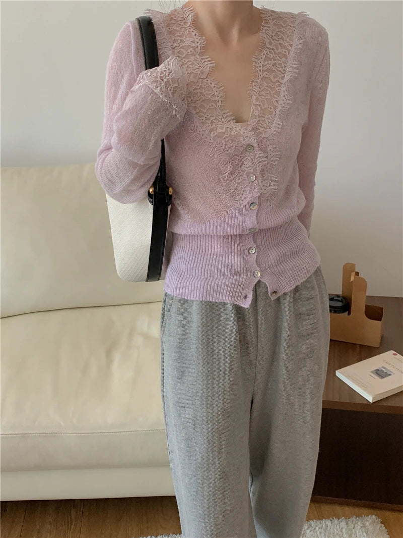 High-fashion Kawaii Botton Up Lace Patchwork Knitted Cardigan Women Autumn Winter Ladies Elegant Vintage Sweater Cheap Wholesale