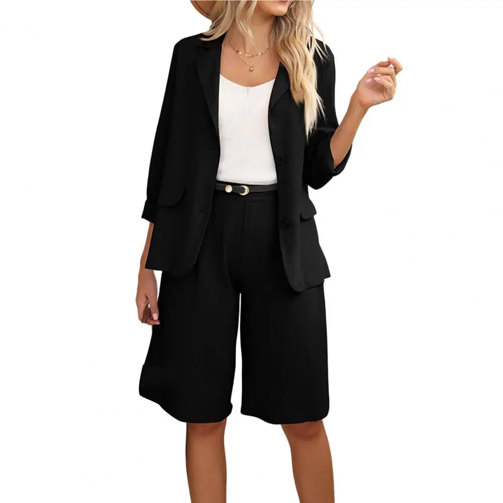 Formal Shorts Suit Knee Length Pants Lady Business Outfit Cardigan Plus Size Lady Coat Shorts Set Daily Wear black