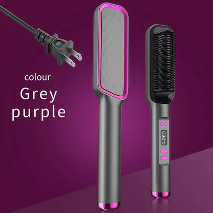 Electric Hot Comb Multifunctional Straight Hair Straightener Comb Negative Ion Anti-Scalding Styling Tool Straightening Brush Grey Purple US