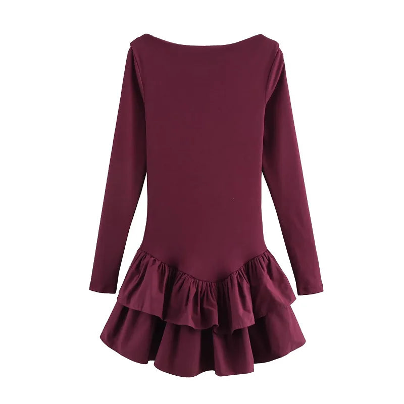 TRAF Women's Elegant Y2k Short Dresses 2025 Spring Long Sleeve Mini Dresses Ladies Fashion Casual Cute Party Dress Vestidos Claret