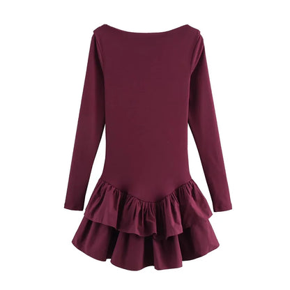 TRAF Women's Elegant Y2k Short Dresses 2025 Spring Long Sleeve Mini Dresses Ladies Fashion Casual Cute Party Dress Vestidos Claret