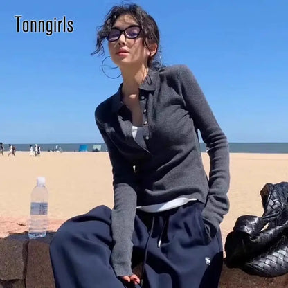 Tonngirls Korean Style Knit T Shirt Women Long Sleeve Skinny Streetwear Pullovers Fake Two Pieces Tops Fashion Autumn Winter Top grey One Size