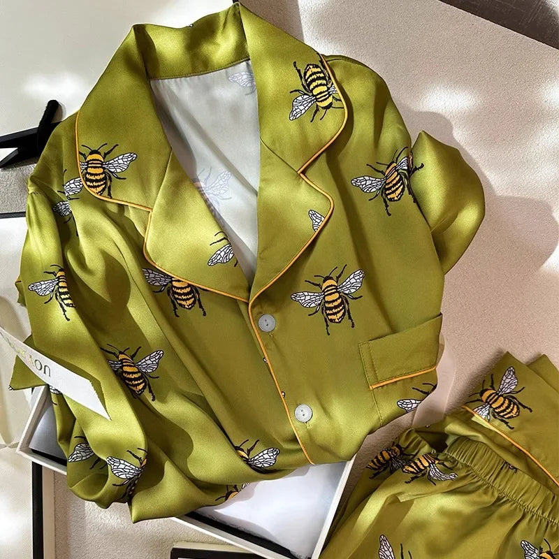 Korean Style Women's Two-piece Pajamas Sets Fashion Flower Print Faux Silk Satin Sleepwear Female Long Sleeve Pants Housewear 5