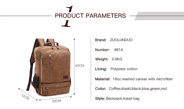 Vintage Canvas Backpack Men Large Capacity Travel Shoulder Bag High Quality Students Bag Male notebook 15 inch Laptop Backpack