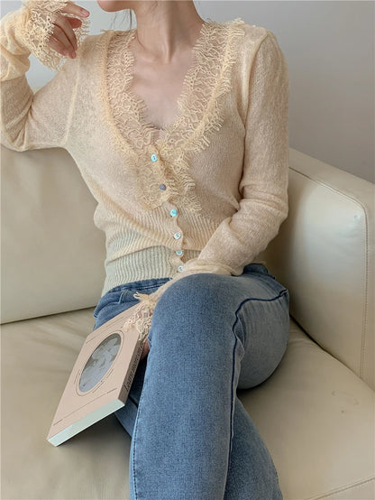 High-fashion Kawaii Botton Up Lace Patchwork Knitted Cardigan Women Autumn Winter Ladies Elegant Vintage Sweater Cheap Wholesale