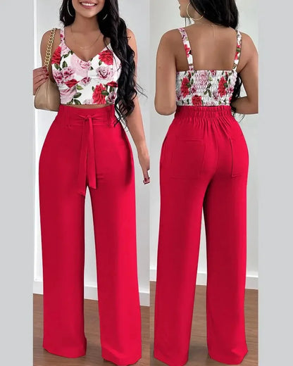 2025 Conjuntos Para Mujeres 2 Piezas Women V-neck Two-piece Set Backless Sleeveless Long Pants Casual 2 Piece Sets Women Outfit Red