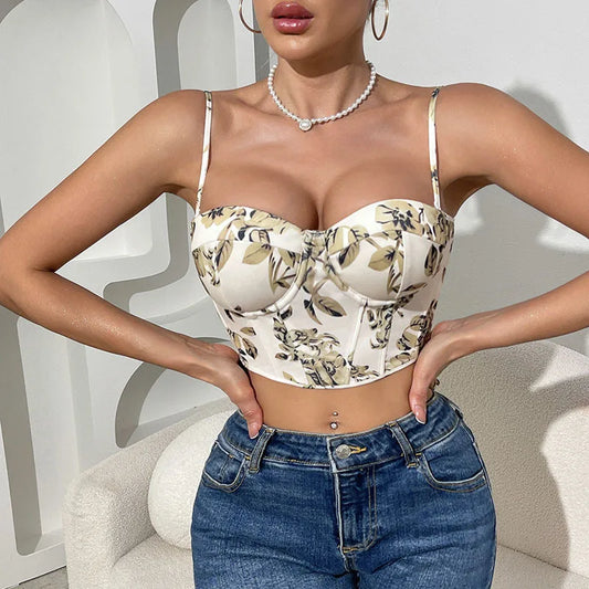 Sexy Floral Print Crop Top Slim Fit Bandeau Vest Vintage Floral Bikini Strap Binding Close Fit Tube Bustier for Women