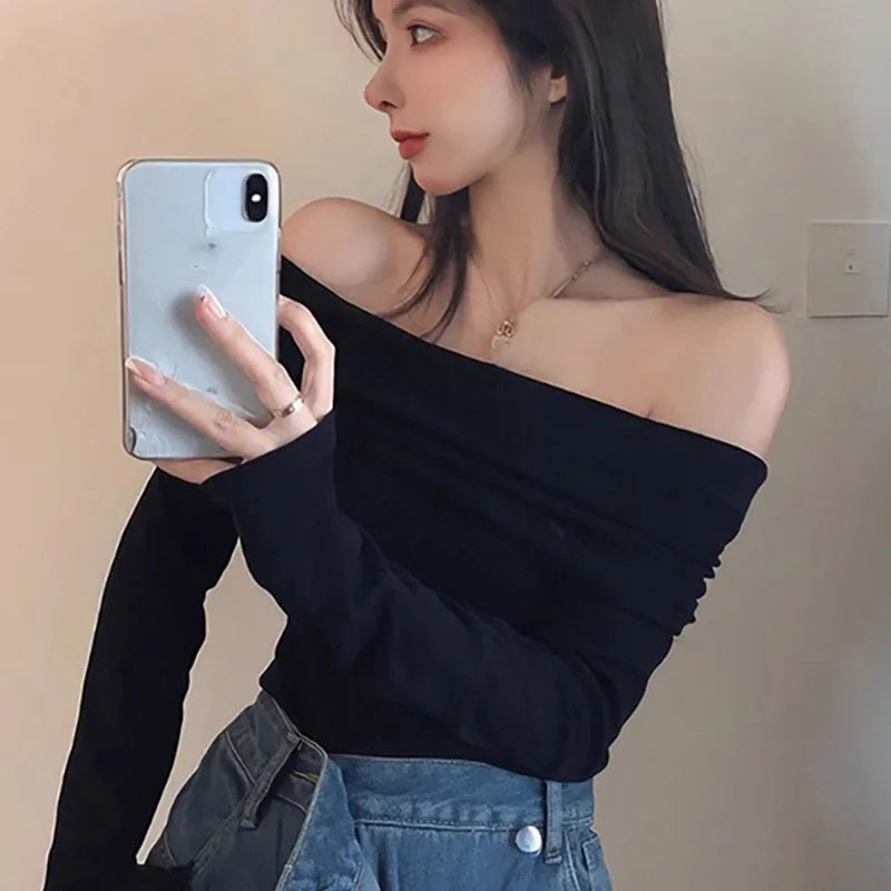 Xpqbb Vintage Slash Neck Pullover Women Korean Fashion Slim Long Sleeve Short Blouses Ladies Sexy Off Shoulder Club Party Tops