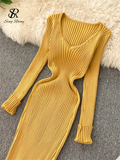 SINGRAIN Women Autumn Knitted Dress V Neck Sexy Slim Elastic Oversized Basic Bodycon Long Dress Winter knit Warm Sweater Dresses