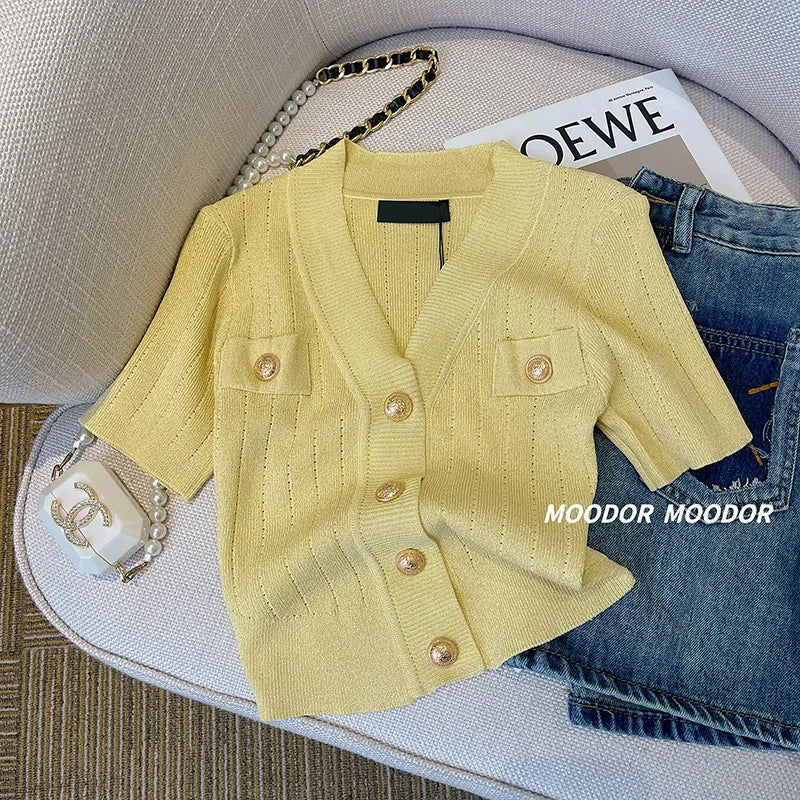 Elegant Gold Button Ice Silk Sweater Cardigan 2025 New Thin V-neck Knitted Short Sleeved Tee Women's Summer Hollow Slim Fit Top Yellow