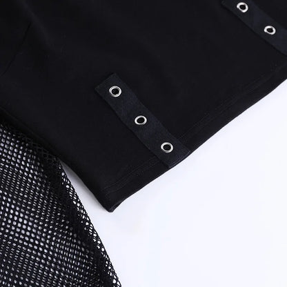 Goth Dark Mall Gothic Fishnet Patchwork T-shirts Grunge Punk Hollow Out Buckle Crop Tops Techwear Fashion Female Alt Streetwear