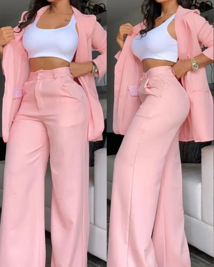 Woman Elegant Blazer Sets New Autumn Fashion Women's Notched Collar Coat + Pocket Design Pants Set Work Commuting Two Piece Suit Pink