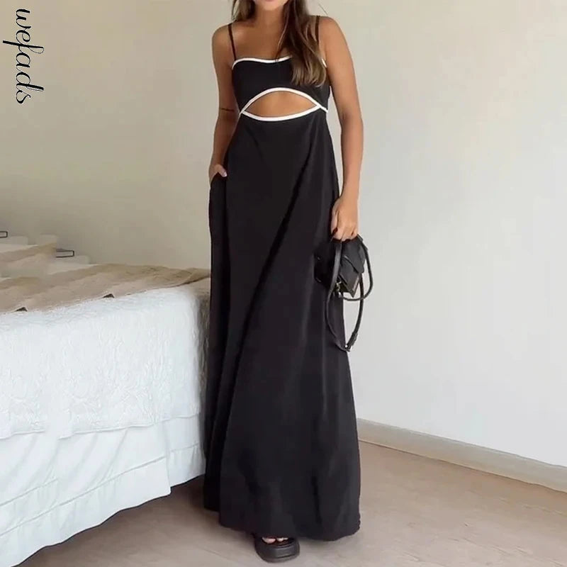 Wefads Maxi Dress Women Summer Casual Patchwork Suspender Sleeveless Hollow Out Backless Lace Up Loose Beach Long Dressses black