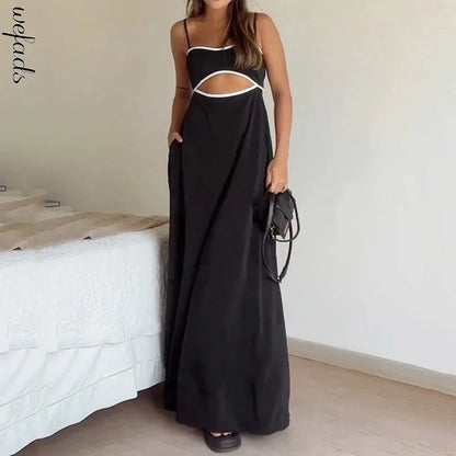 Wefads Maxi Dress Women Summer Casual Patchwork Suspender Sleeveless Hollow Out Backless Lace Up Loose Beach Long Dressses black