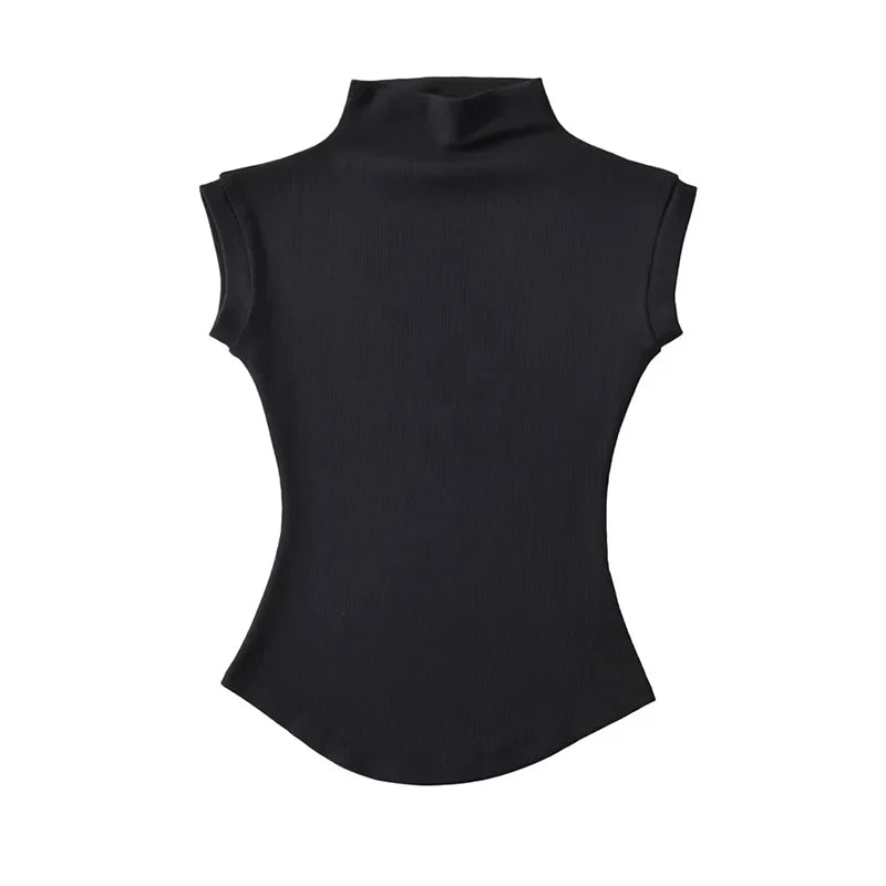 Women Summer Sexy Turtleneck Sleeveless T-Shirts Tops Solid Slim Fit Pullovers Causal Tees Shirts Female Streetwear Basics Tees black