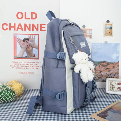 Four Piece Set of Student Backpack for Women in Korean Version Casual Canvas High School Campus with Large Capacity