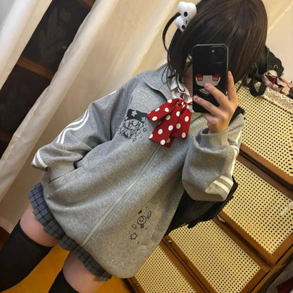 Preppy Style Fashion Cute Japanese Zip Up Cardigan Harajuku Punk Grunge Loose Turn Down Collar Y2k Hoodies Casual Sweatshirts Badiee Stylez