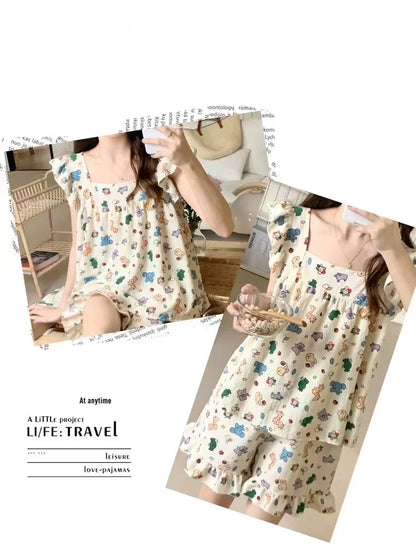 Summer Spwear Women's 2025 New Japanese Sle Fre Vest orts Woven Cotton Thin Home Clothes Set Sweet Print ort Pants