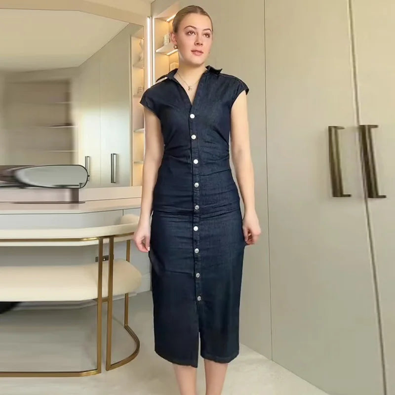 TRAF Womens Denim Dresses Summer 2025 Button Bodycon Blue Dress Ruffled Batwing Sleeve Long Dress Chic Casual Beach Vestidos 066