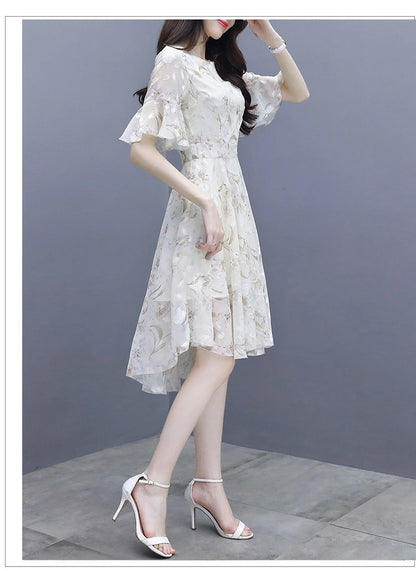 Ele Summer Women's Midi Dr ang Hai Sle Sweet Princ round Ne ort Sve A-Line Skirt Printed Chiffon Dr