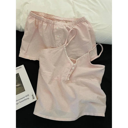 Lace Sleepwear Women Pajama Sets Striped Korean Piiama Summer Shorts Sets 2 Pieces Spaghetti Strap Night Wears Pink Home Suit