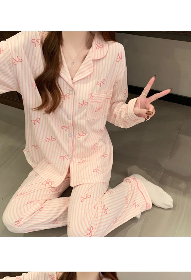 New Women's Spring and Fall Pajamas Homewear Set Wrinkled Cloth Sweet Girl Students Long-Sleeved Casual Pajamas Homewear Set