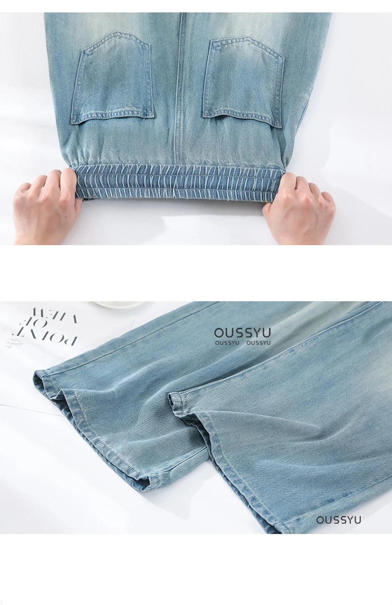 Summer Luxury Soft Cozy 100%Lyocell Fabric Woman Jeans Loose Wide Leg Elastic Waist Pants Fashion Casual Trousers Plus Length