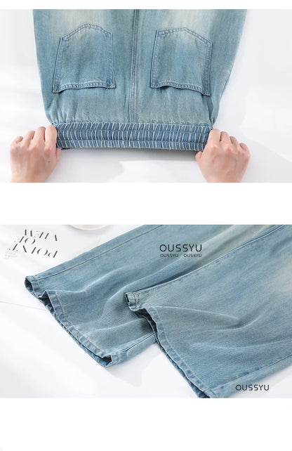 Summer Luxury Soft Cozy 100%Lyocell Fabric Woman Jeans Loose Wide Leg Elastic Waist Pants Fashion Casual Trousers Plus Length