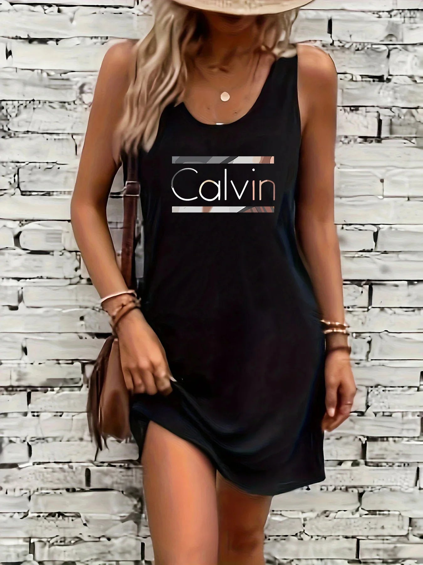 Women's summer loose casual fashion Calvin letter pattern printed vacation punk style mine black sleeveless vest dress
