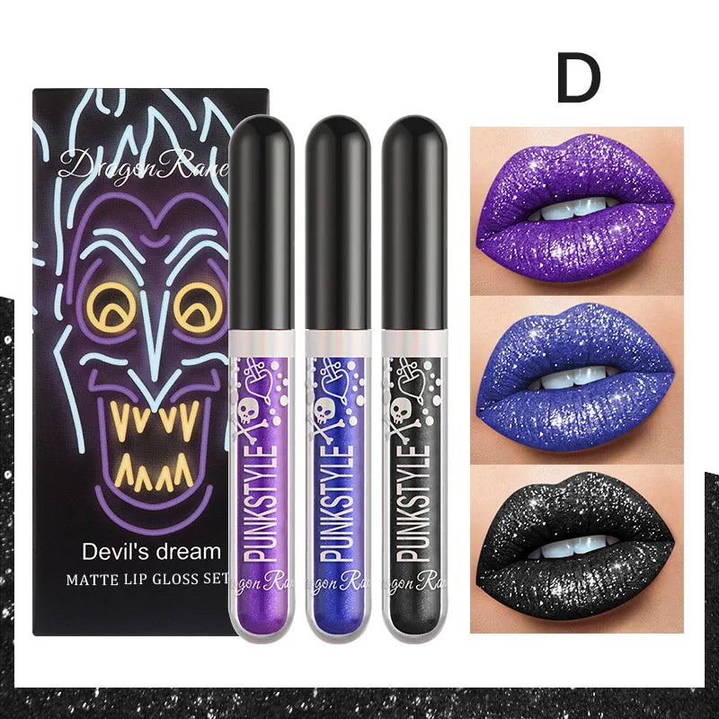 3pcs Glitter Lipstick Set Waterproof Sexy Blue Purple Black Lip Gloss Shiny Lip Tint Halloween Lip Makeup Tool Korean Cosmetics D Set