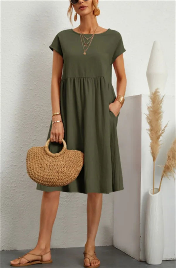 Cotton Linen Dress For Women Summer Casual Splicing Pocket Dresses Vestido Fashion Female Clothing Short Sleeve Loose Midi Dress army green