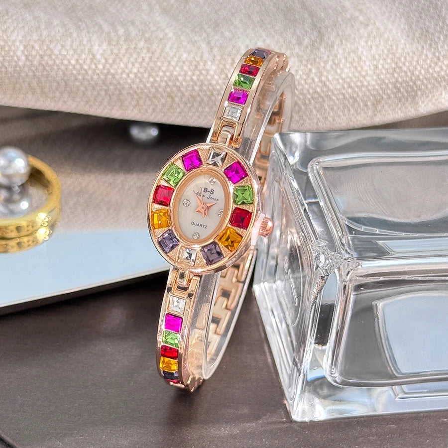 Color zircon advanced sense diamond set women's watch niche bracelet bracelet Small exquisite quartz watch cross-border hot sale rose gold