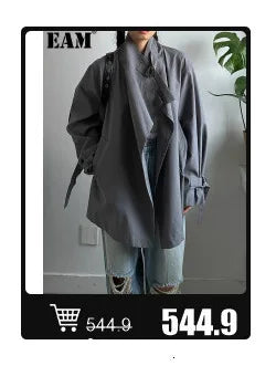 EAM 2024 New Fashion Winter Stand Collar Irregular Long Type Black Cotton-padded Clothes Loose Coat Black Jacket Woman YA771