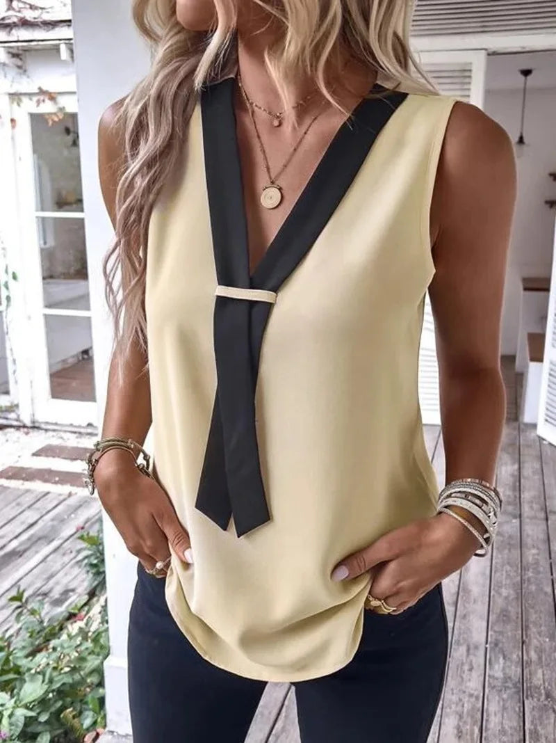 Fashion Sleeveless V-neck Tank Top Women Solid Casual Blouse Shirt 2023 Summer Elegant Office Womens Tops And Blouses