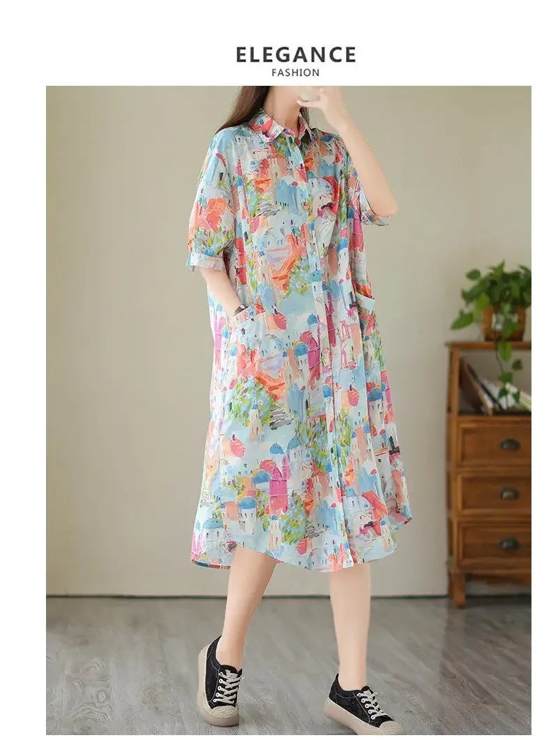Fashionable Cartoon Printed Short-sleeved Shirt Skirt for Women in Summer Loose Dress