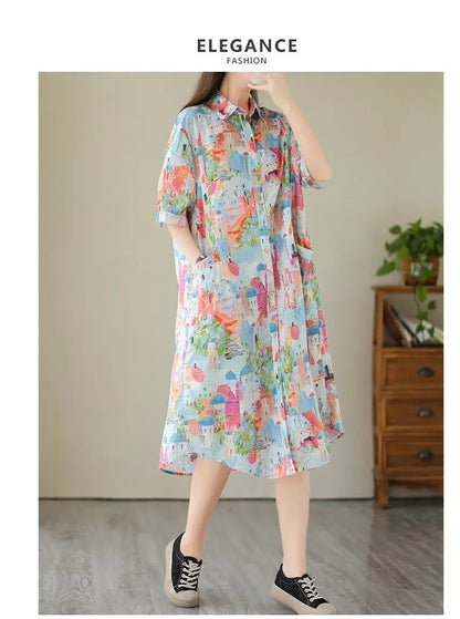 Fashionable Cartoon Printed Short-sleeved Shirt Skirt for Women in Summer Loose Dress