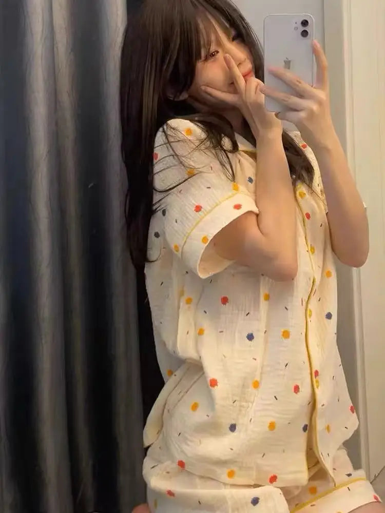 Cute Girl's Summer Cotton Linen ort Sve Nightgown Home Clothes Set Bear Print Gauze Spwear Simple Home Sle