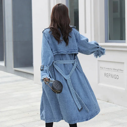 Trench Denim Coat Women Long Coats Lace Up Belt High Waist Turn Down Collar Maxi Jackets Y2k Single Breasted Elegant Autumn blue