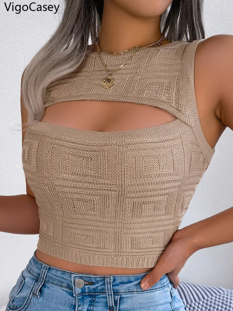 VigoCasey 2025 Summer Lady Sexy Bodycon Crop Top Women Solid Hollow Knit Vest Female Sleeveless Casual Clud Short Tops Clothes
