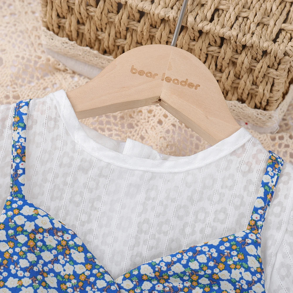 Bear Leader Girls Floral Dresses 2023 Summer New Children's Rustic French Chiffon Floral Fake Two Pieces Halter Dress