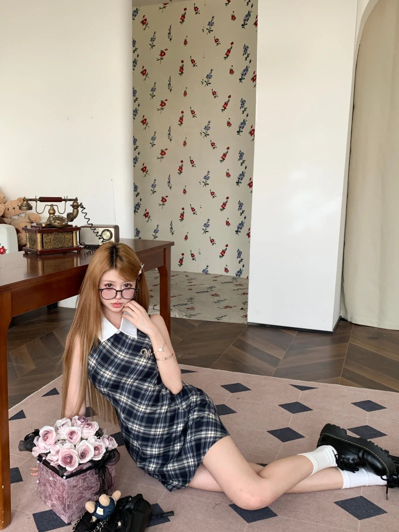 Onalippa Vintage Plaid Mini Dress Women Waist Belt Polo Collar Sleeveless A Line Dresses High Street Contrast Vestidos