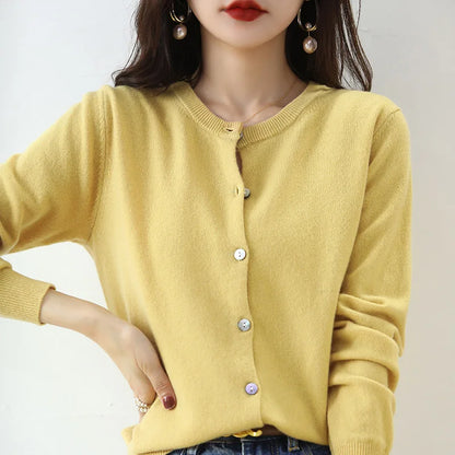 Knitted Cardigan Women's Sweater Autumn And Winter 2022 New Solid Color Coat Round Neck Short Long Sleeve Loose Korean Fashion Yellow CHINA