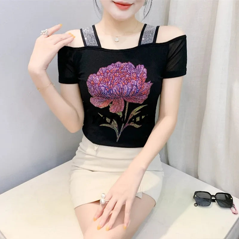 New Arrival Summer European Clothes Women's T-Shirts Chic Luxury Butterfly Hot Diamonds Tees Sexy Girl Slim Streetwear Tops Picture color 17