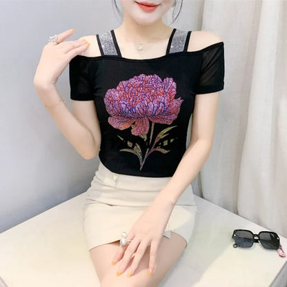 New Arrival Summer European Clothes Women's T-Shirts Chic Luxury Butterfly Hot Diamonds Tees Sexy Girl Slim Streetwear Tops Picture color 17