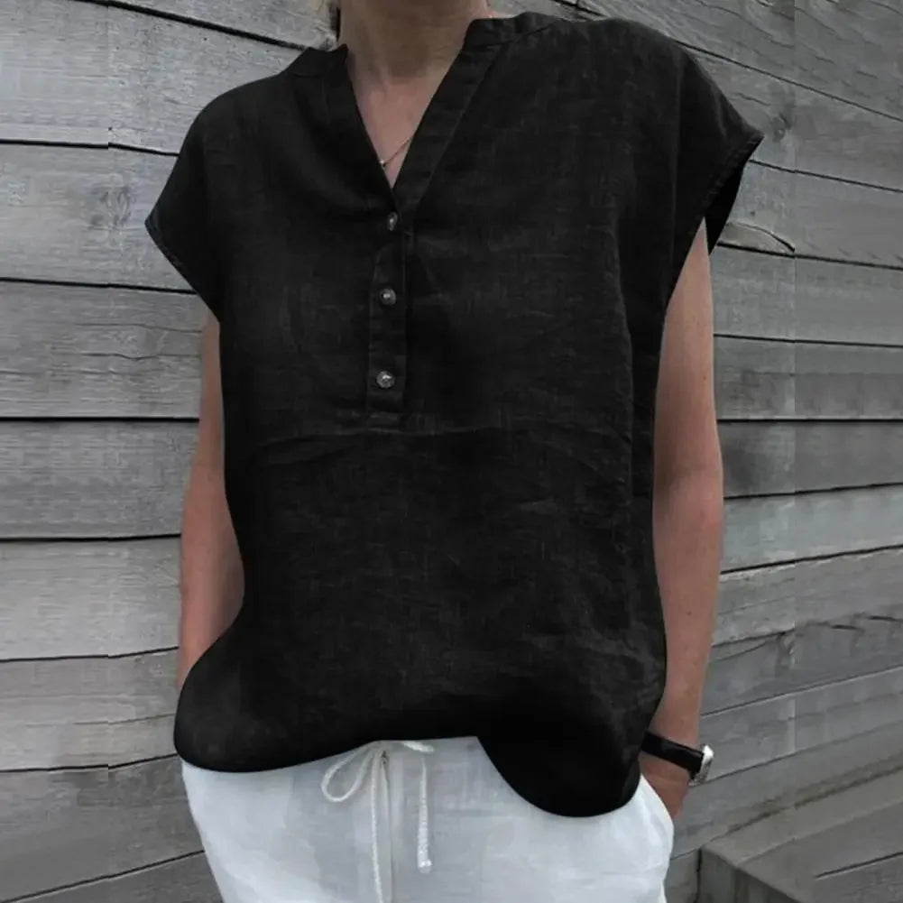 Women T-shirt Cotton Linen Summer Blouse Solid Color Simple Short Sleeve V Neck Quick Dry Daily Clothes Ropa Mujer Blusas